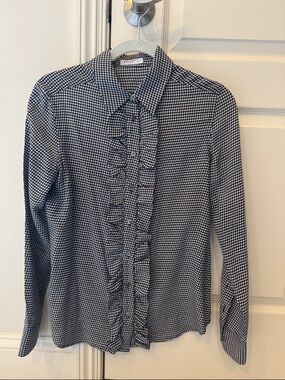 Black and White Houndstooth Ruffle Button-Up Blouse